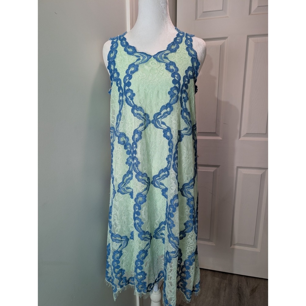 Max Studio Lace Detailed Knee Length Lime Green & Blue Dress Size XS